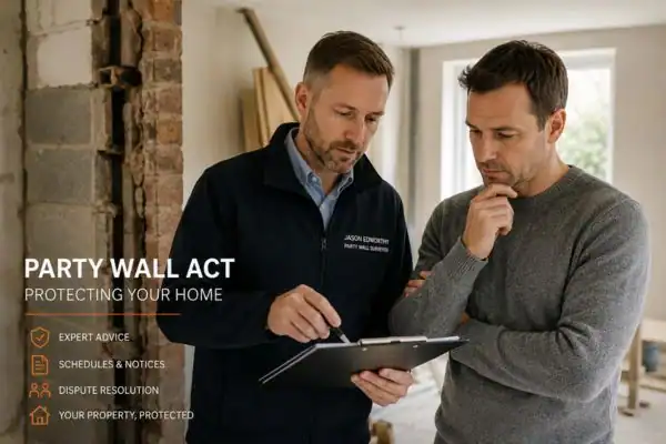 Party wall surveyor Walton-on-the-Naze discussing extension plans with homeowner outside a UK semi-detached house.